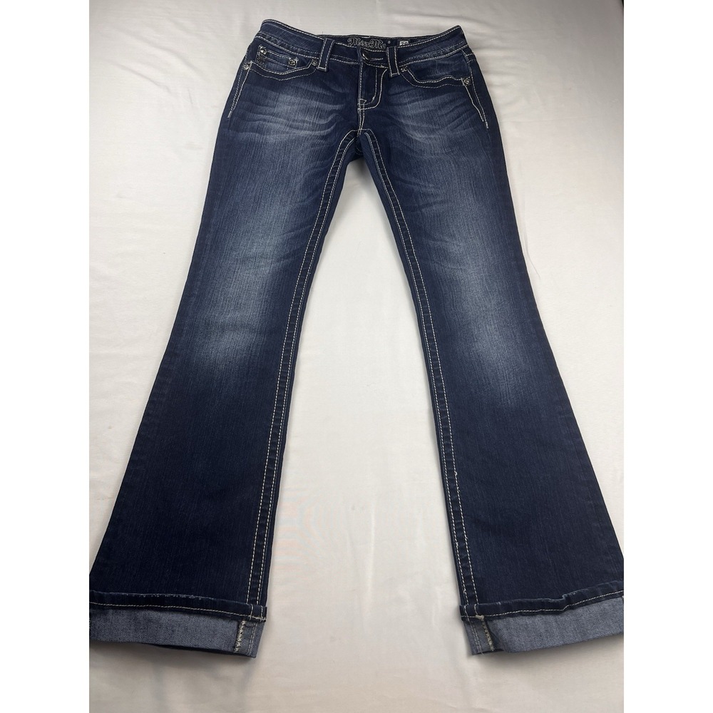 Y2K Miss Me Bootcut Jeans Low Rise Flap Pocket Dark Wash Cuff Bling Women 28x31‎